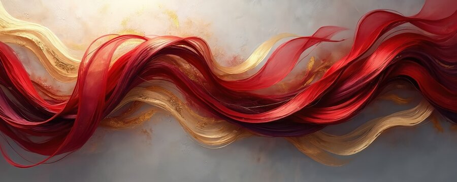 Red, gold wavy lines flow on grey abstract background. Dynamic ribbons, curves create fluid movement, elegant texture. Modern luxury artwork painting connection, passion with rich, vibrant color,