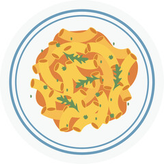 Flat Illustration Of Macaroni Pasta With Green Herbs On White Plate With Blue Border Top Down View