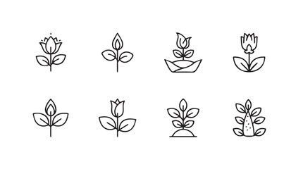 Collection of sketchy botanical line art icons representing growth and nature silhouette