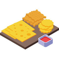 Flat lay isometric illustration of cheese slices crackers and dipping sauce on a wooden board with a white background