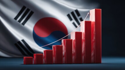 Korean flag background with rising red bar graph representing economic growth and progress in South Korea