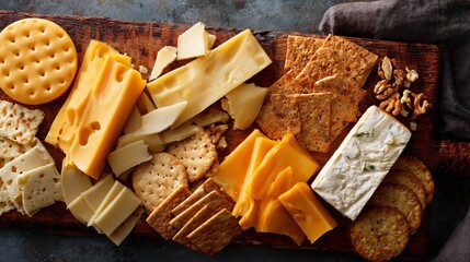 A cheese board and crackers flat lay, neutral background