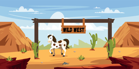 Vector illustration of a wild west of the United States landscape. Cartoon scene of mountain surfaces, slopes, gate with a sign, the inscription wild west, horse, cacti, stones, plants, sky, clouds.