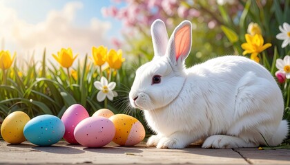 White Rabbit with Easter Eggs in Spring Garden