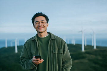 Smiling man holding smartphone in wind farm landscape portrait of renewable energy and sustainable living