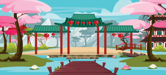 Vector illustration of a beautiful landscape of a Japanese garden. Cartoon scene of a Japanese pagoda, bridges in the lake, water lilies, stones, sakura, bushes, silhouettes of mountains, sky, clouds.
