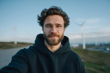 Young man with smartphone standing in front of wind turbines portrait of sustainable digital lifestyle and clean energy