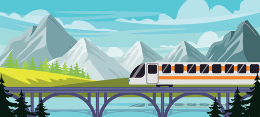 Vector illustration of a beautiful landscape with a railway train on a bridge. Cartoon scene high-speed modern train rides on bridge among picturesque landscape, hills, mountains, fir trees, sky.