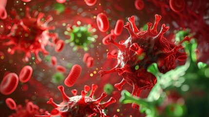 Close-up view of red and green viruses in a microscopic environment. The scene illustrates the complexity of viral structures and blood cells.