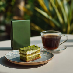 Matcha layer cake with iced coffee and dessert snacks on wooden table in modern café
