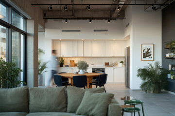 Modern open plan apartment interior with cozy kitchen dining area and city skyline view at sunset