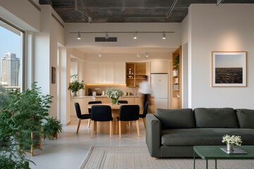 Modern open plan apartment interior with cozy kitchen dining area and city skyline view at sunset