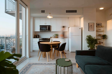 Modern open plan apartment interior with cozy kitchen dining area and city skyline view at sunset