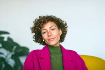 Portrait of confident young woman sitting on mustard yellow couch in cozy home interior
