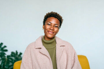 Portrait of confident young woman sitting on mustard yellow couch in cozy home interior

