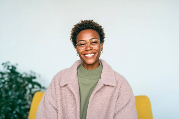 Portrait of confident young woman sitting on mustard yellow couch in cozy home interior
