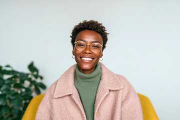 Portrait of confident young woman sitting on mustard yellow couch in cozy home interior
