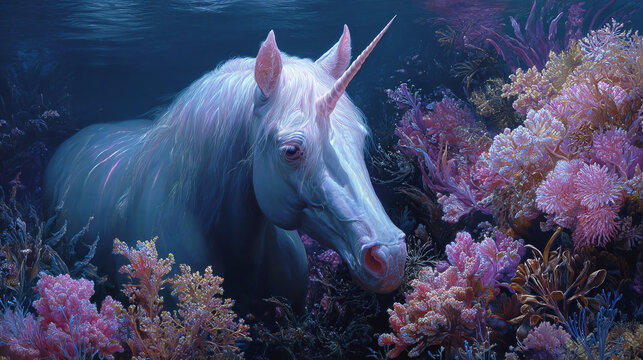 A majestic unicorn submerged underwater surrounded by vibrant coral reefs. The creature has a shimmering white coat and a spiraled horn, blending with the ethereal aquatic environment.