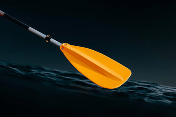 Bright yellow kayak with paddle floating on calm lake at dusk, adventure water sports in mountain landscape with dramatic dark sky