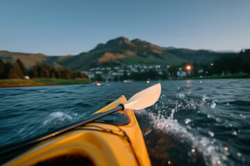 Close-up of yellow kayak paddle on mountain lake with scenic town and forest in background
