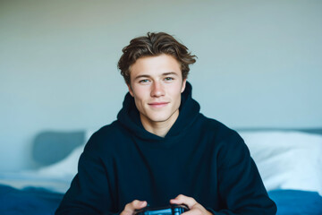 Young man in casual hoodie playing video games at home on bed with relaxed expression
