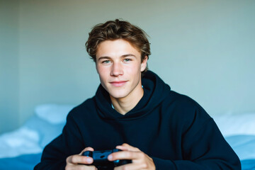 Young man in casual hoodie playing video games at home on bed with relaxed expression

