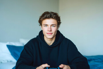 Young man in casual hoodie playing video games at home on bed with relaxed expression
