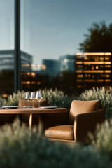 Elegant restaurant table by large window with city view, two glasses of red wine and fine dining place settings in modern urban bistro interior at golden hour