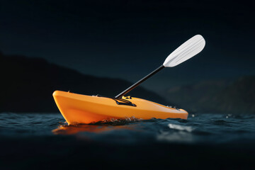 Bright yellow kayak with paddle floating on calm lake at dusk, adventure water sports in mountain landscape with dramatic dark sky