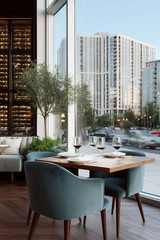Elegant restaurant table by large window with city view, two glasses of red wine and fine dining place settings in modern urban bistro interior at golden hour