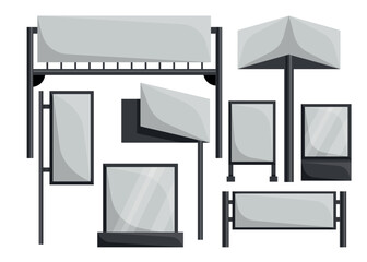 Set of modern street billboards, in cartoon style. Vector illustration of gray advertising street billboards of different types and sizes isolated on white background. Promotion of goods, services.