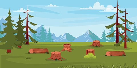 Vector illustration of a beautiful forest landscape with a clearing of stumps.Cartoon scene: sunny view of fir trees, stumps, tree trunks with grass, moss, bush, mountains, blue sky with white clouds.