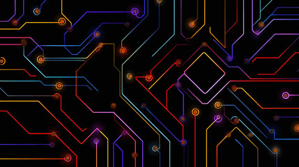 A vibrant digital circuit board design against a black background
