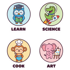 Cute Cartoon Animals Representing Education and Creativity: Read, Ideas, Explore, Music