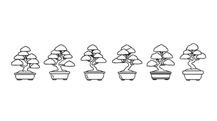 Collection of hand-drawn style bonsai trees in pots outline icons for artistic projects silhouette