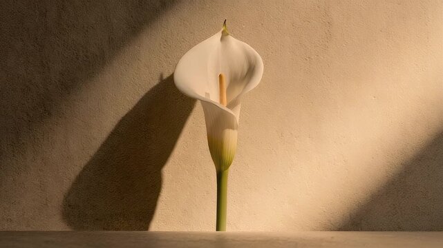 Elegant calla lily with a white bloom and green stem, casting a soft shadow against a textured, tan-colored wall