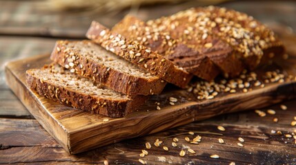 Sliced whole grain bread on a wooden cutting board. The bread is topped with seeds and has a rustic appearance. Natural lighting enhances the texture.