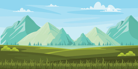 Vector illustration of a picturesque mountain landscape. Cartoon scene, beautiful mountains of different heights, small fir trees, rivers, green valleys, bushes, grass, blue sky, white clouds.