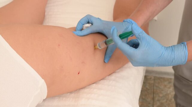 Injections of lipolytic into hips for weight loss and muscle definition close-up. doctor in sterile gloves inject lipolytic into hips, butt subcutaneously	