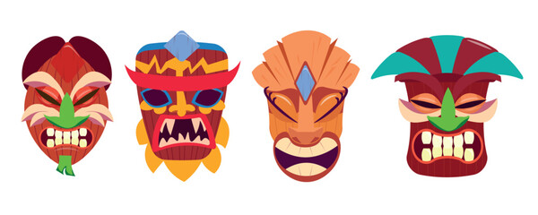 Obraz premium Set of wooden tiki masks in cartoon style. Vector illustration of traditional totem tiki masks with different facial expressions isolated on white background. Hawaiian and Polynesian deities.