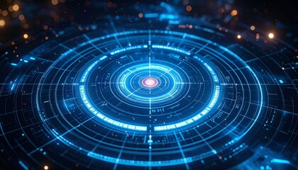 Futuristic glowing blue technology interface with a central focal point and circular design