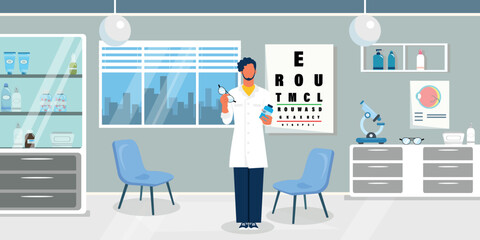 Vector illustration of ophthalmology office. Cartoon scene of a man in a white coat holding glasses, medicine, chairs, cabinet with bottles, tubes, table for determining visual acuity, microscope.
