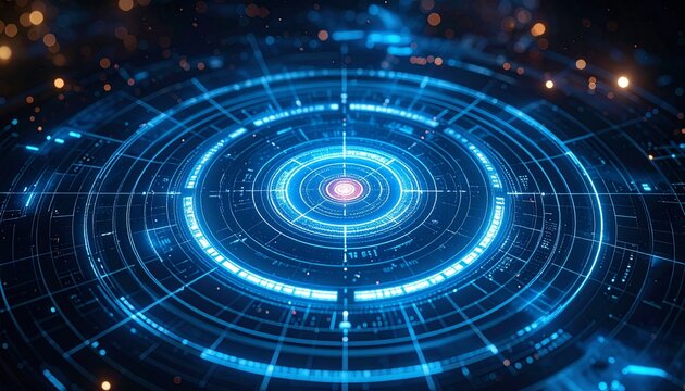 Futuristic glowing blue technology interface with a central focal point and circular design - Powered by Adobe