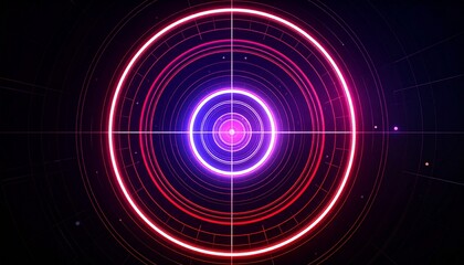 A futuristic glowing circles on black background, creating an abstract and tech-focused design. The design features a series of concentric circles with vibrant colors