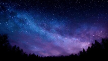 A vast star filled night sky displays the Milky Way galaxy above a dark silhouette of evergreen trees