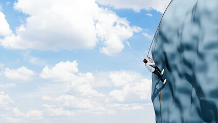 Man climbing a steep mountain with a rope under bright sky, showing determination, courage, and the will to reach success, with copy space, 3d render