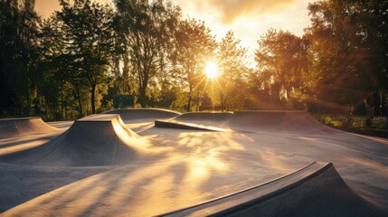 A skatepark at sunset with smooth concrete ramps and trees in the background. The sun casts a warm glow over the scene, creating long shadows.