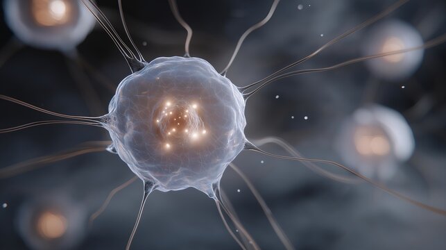 3D medical illustration of a biological cell with glowing transparent membrane and intricate filaments surrounding the nucleus, symbolizing biomedical engineering, molecular structure analysis, and