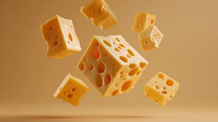 An isolated cheese arrangement floating on beige background