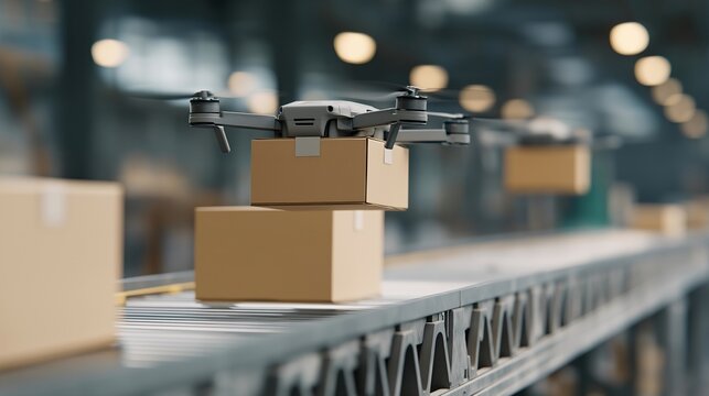 Autonomous drones moving packages seamlessly along robotic conveyor systems in a futuristic warehouse, emotion of reliability and speed visible, representing AI logistics integration, advanced